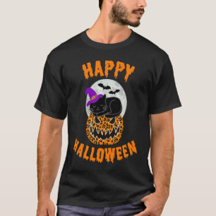 T-shirt Joyeux Halloween Imprimé Léopard Citrouille Chat N