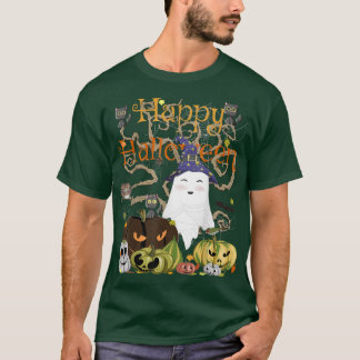 T-shirt Joyeux Halloween Kawaii Witch Ghost Black Cats & E