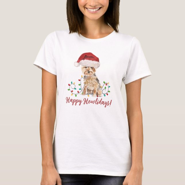 T-shirt Joyeux Howlidays Yorkshire Terrier Santa Hat (Devant)