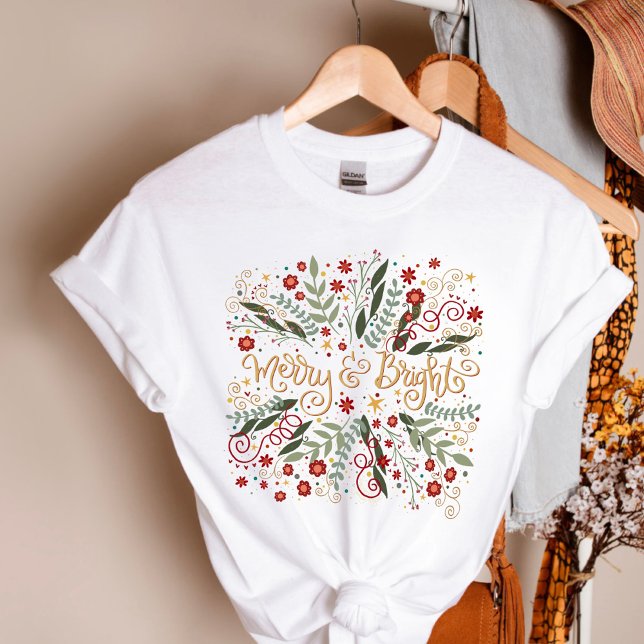 T-shirt Joyeux Joyeux et Fête de Noël Floral brillant (Pretty Merry and Bright Inspirivity Christmas Tshirt)