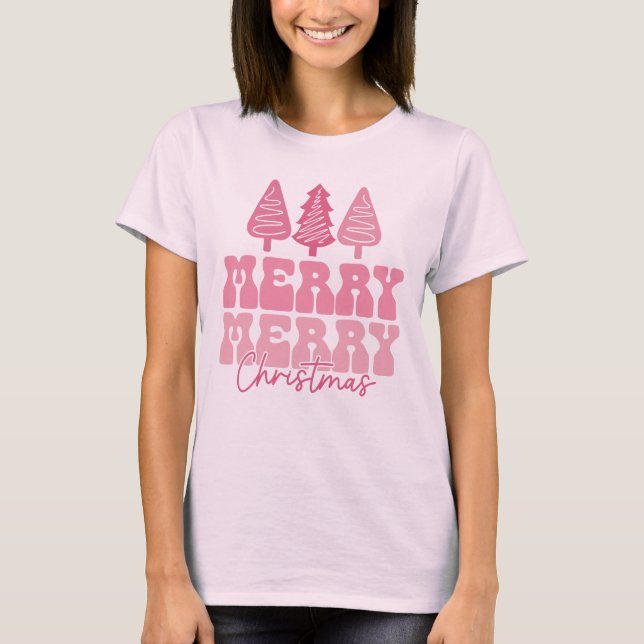 T-shirt Joyeux Joyeux Noël - Conception des Fêtes Rose (Devant)