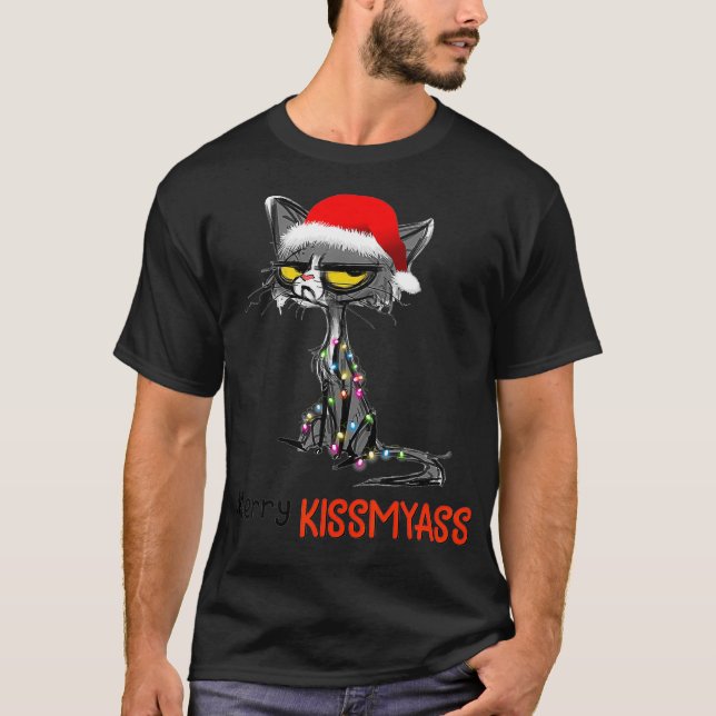 T-shirt Joyeux Kissmyass Funky Christmas Black Cat (Devant)