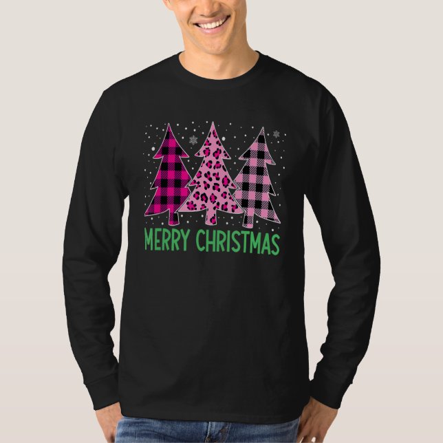 T-shirt Joyeux Noël Arbre Buffle Rose Plaid Et Leopar (Devant)