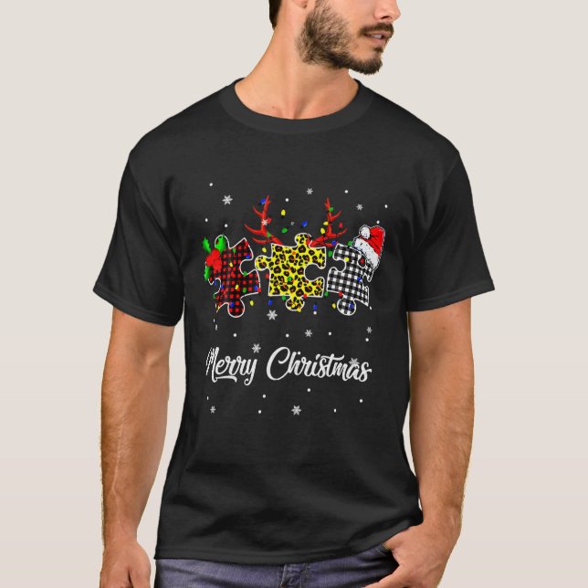 T-shirt Joyeux Noël Autisme Puzzle Leopard avec Père Noël  (Devant)