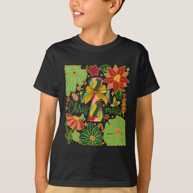 T-shirt Joyeux Noël Boho Fleurs Croix Christian Femmes (Devant)