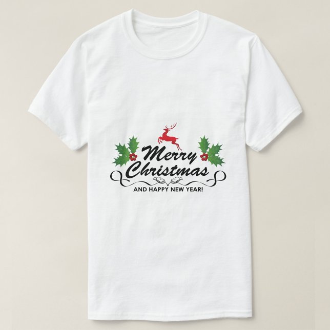 T-shirt Joyeux Noël Bonne année (A Merry Christmas T-Shirt with a festive design featuring a reindeer and holly.)