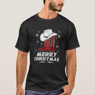 T-shirt Joyeux Noël Bottes de Cowboy Rouge Buffalo Plaid W