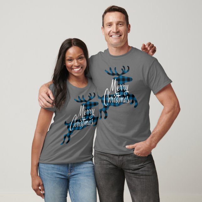 T-shirt Joyeux Noël Buck sur Bleu Black Buffalo Check (Unisexe)