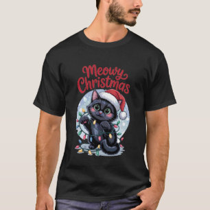 T-shirt Joyeux Noël Chat Noir avec Chapeau de Père Noël et
