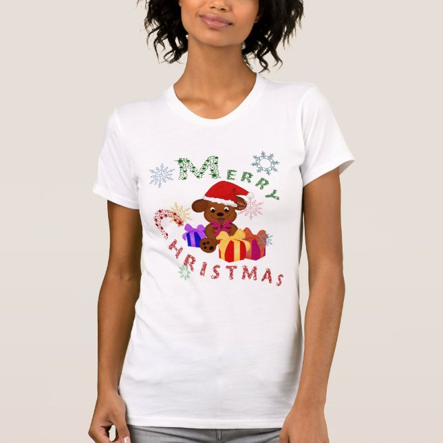T-shirt Joyeux Noël Chiots cadeaux et flocons de neige (Devant)