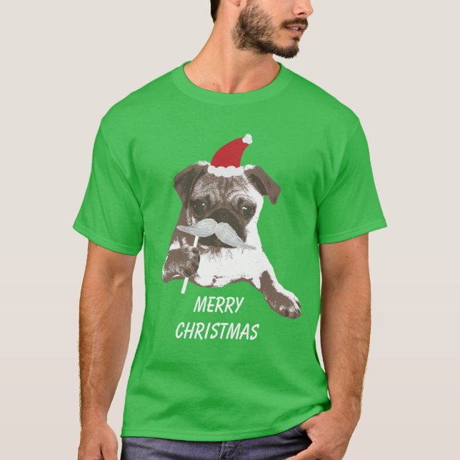T-shirt Joyeux Noël de moustache de carlin blanc de Père (Devant)