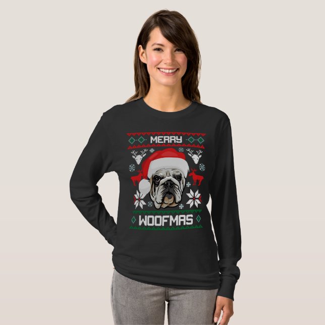T-shirt Joyeux Noël de Woofmas de bouledogue anglais (Devant entier)