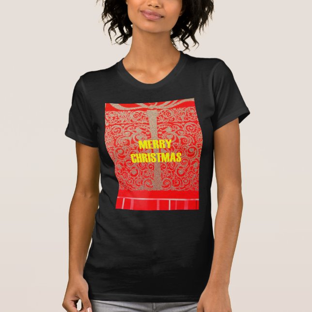 T-shirt Joyeux Noël Golden Red Parties scintillant Hearts  (Devant)