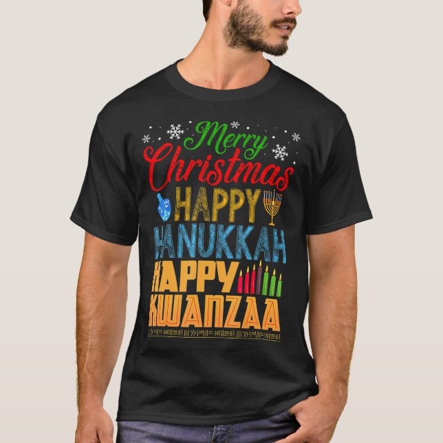 T-shirt Joyeux Noël Joyeux Hanoukka Joyeux Kwanzaa (Devant)
