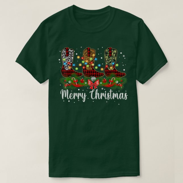 T-shirt Joyeux Noël Leopard Cowboy Boot Western Père Noël (Design devant)