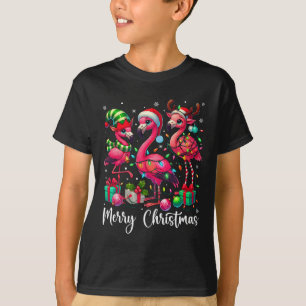 T-shirt Joyeux Noël Lumières Flamant rose Santa Hat Snow X