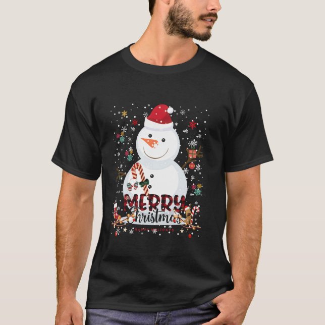 T-shirt Joyeux Noël Lumières Snowman Red Santa Noël Noël N (Devant)