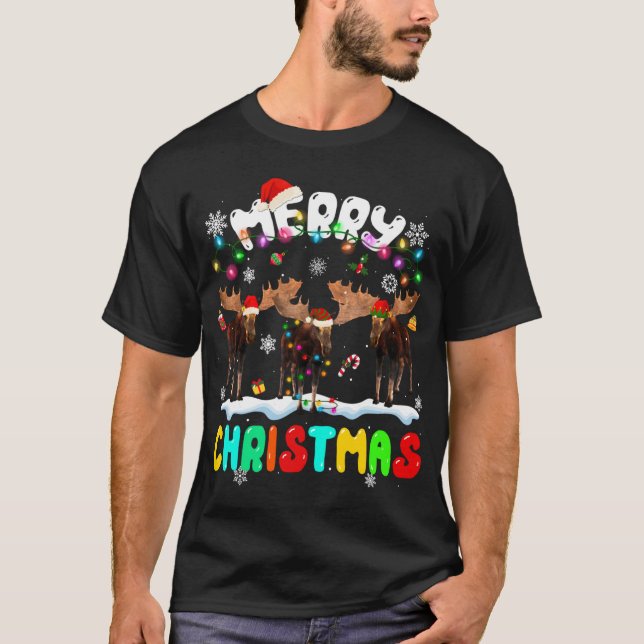 T-shirt Joyeux Noël Moose Lover Santa Hat Noël Lumières (Devant)