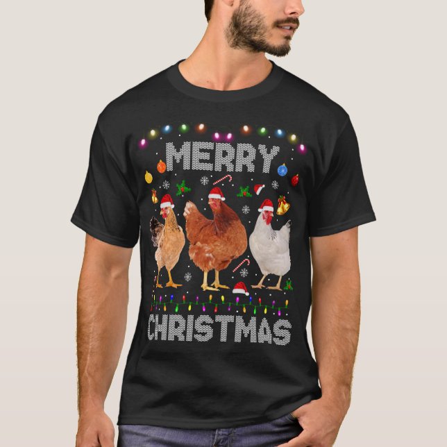 T-shirt Joyeux Noël Poulet de Noël Lumières de chapeau Noë (Devant)