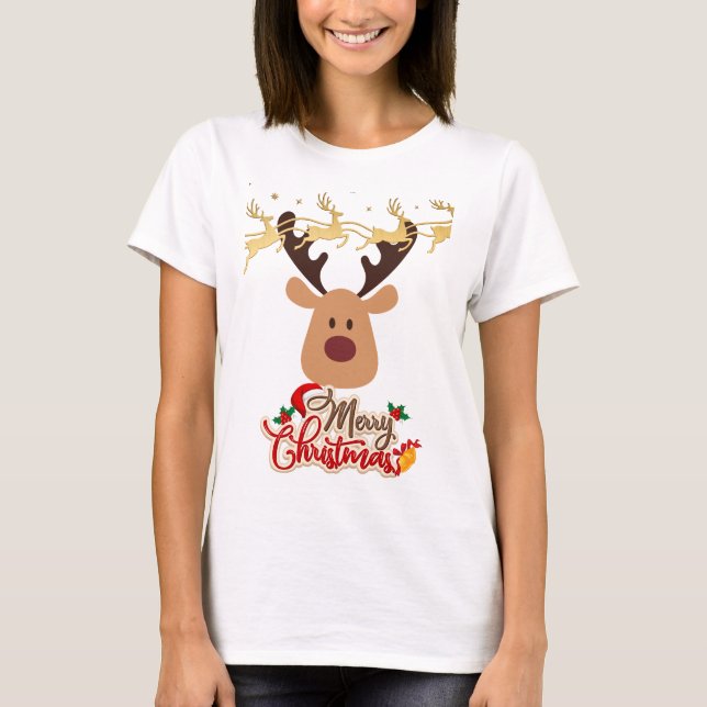 T-shirt Joyeux Noël Reindeer Fun Red Gold Typographie (Devant)