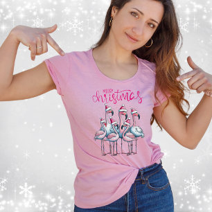 T-shirt Joyeux Noël rose Flamant rose Flock Santa Hat