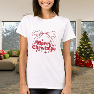 T-shirt Joyeux Noël rouge à main dessiné arc rétro