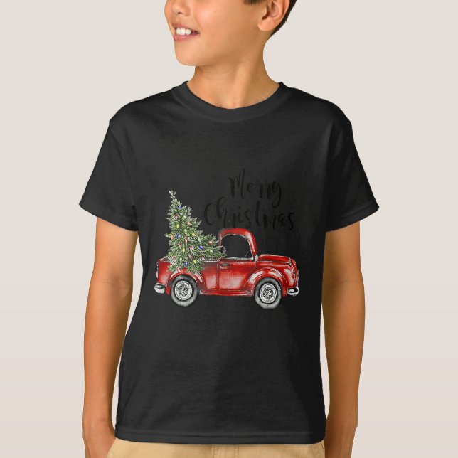 T-shirt Joyeux Noël Rouge Camion Arbre Lumière Famille drô (Devant)