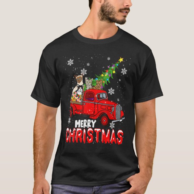 T-shirt Joyeux Noël Rouge Camion Camion Xmas Arbre Chats F (Devant)