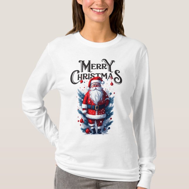 T-shirt Joyeux Noël Santa Claus femmes long manches (Devant)