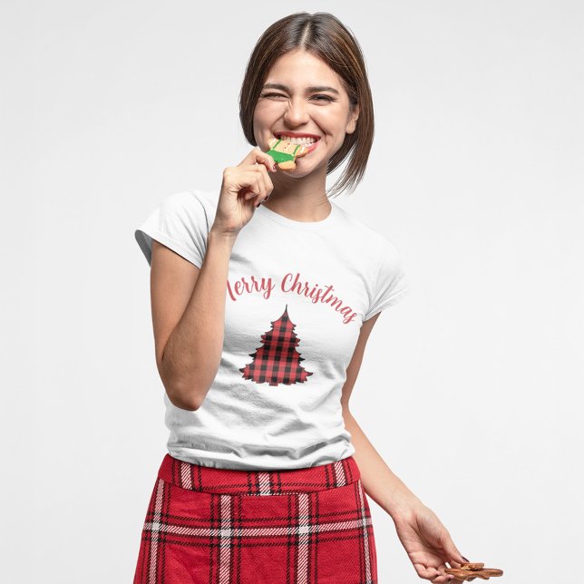 T-shirt Joyeux Noël Script Buffalo Check (Merry Christmas Buffalo Check Pattern T Shirt. )