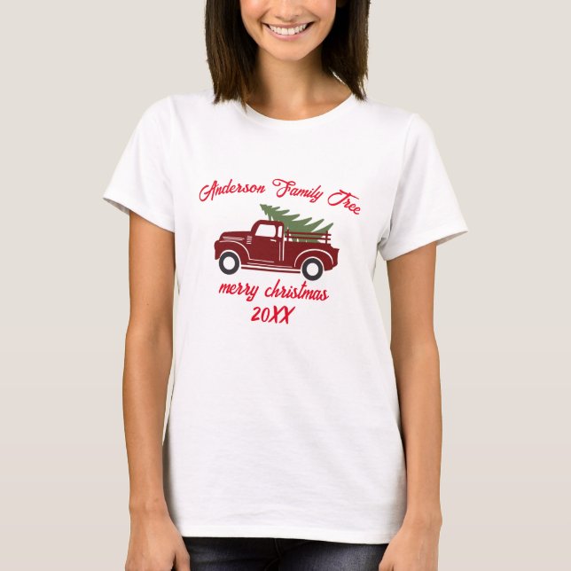 T-shirt Joyeux Noël sur mesure camion d'arbre de Noël fami (Devant)