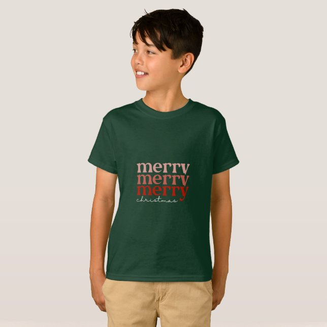 T-shirt Joyeux Noël Texte Salutation Rouge et Vert Garçon (Devant entier)