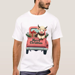 T-shirt Joyeux Noël vintage vache Highland rose à la ferme