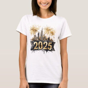 T-shirt Joyeux Nouvel An 2025 Noir et Or, Fireworks
