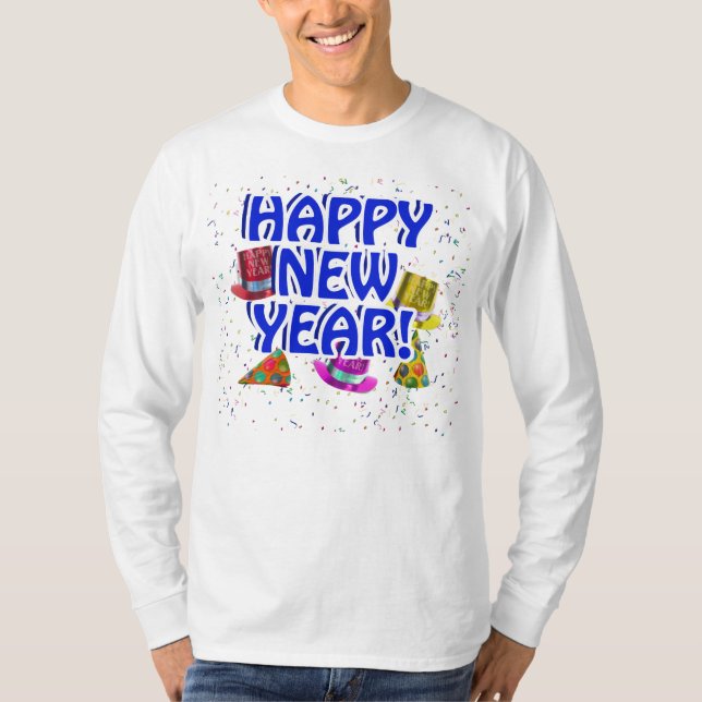 T-shirt Joyeux Nouvel An - Texte Bleu avec Casquettes du P (Devant)