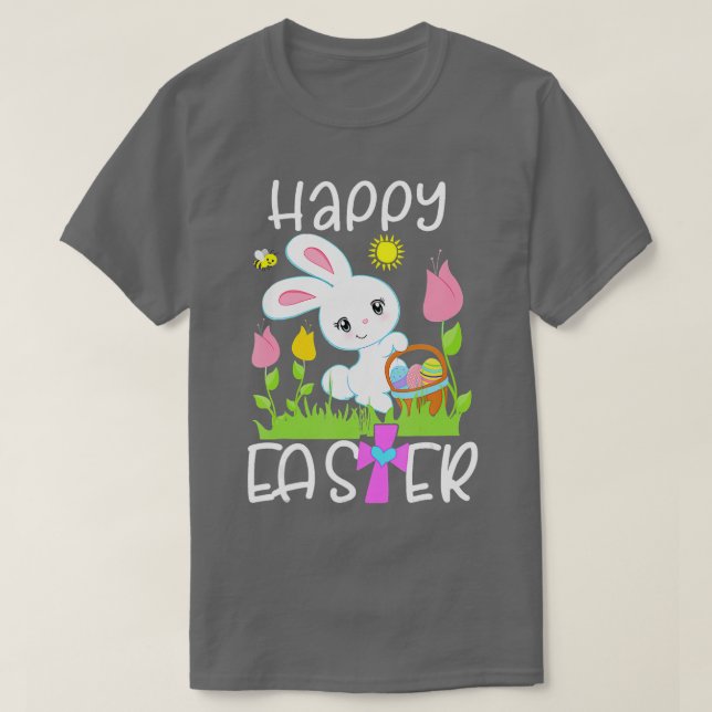 T-shirt Joyeux Panier d'oeufs de lapin de Pâques Fleur d'a (Design devant)