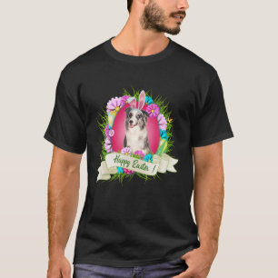 T-shirt Joyeux Pâques Bleu Merle Collie Portant Bunny Ear 