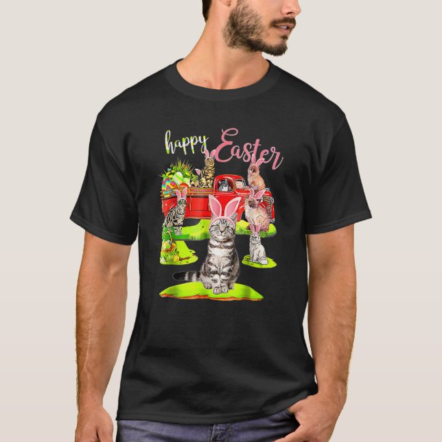 T-shirt Joyeux Pâques Jour Cute Chat équitation Camion Rou (Devant)