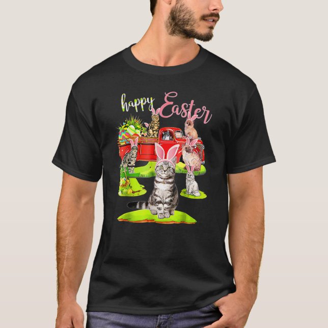T-shirt Joyeux Pâques Jour Cute Chat équitation Camion Rou (Devant)