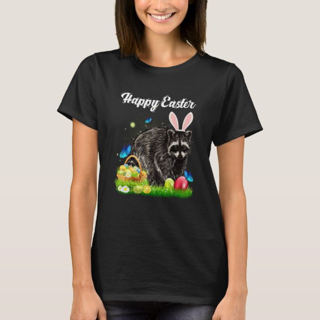 T-shirt Joyeux Pâques Jour Lapin Raccoon Oeufs Panier Racc (Devant)