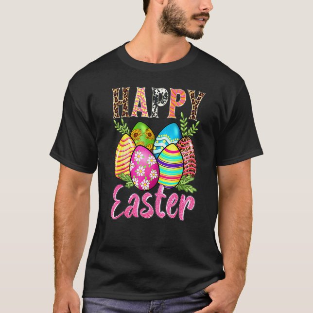T-shirt Joyeux Pâques mignonne léopard Floral Chasse aux o (Devant)