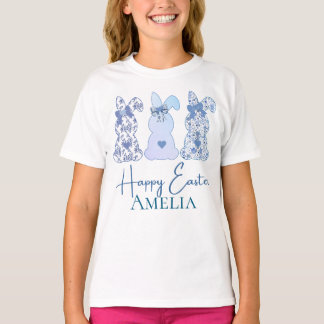 T-shirt Joyeux Pâques Trois Bunny Floral Bleu Personnalisé