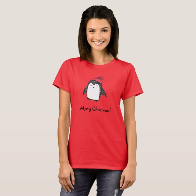 T-shirt Joyeux Pingouin Joyeux Noël en Casquette d'hiver r (Devant entier)