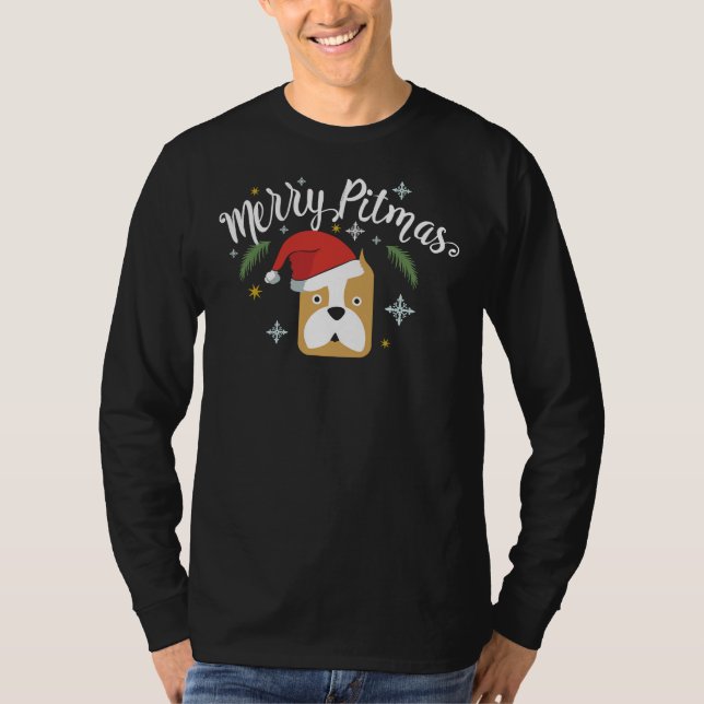 T-shirt Joyeux Pitmas Christmas Pit Bull Dog Funny Père No (Devant)