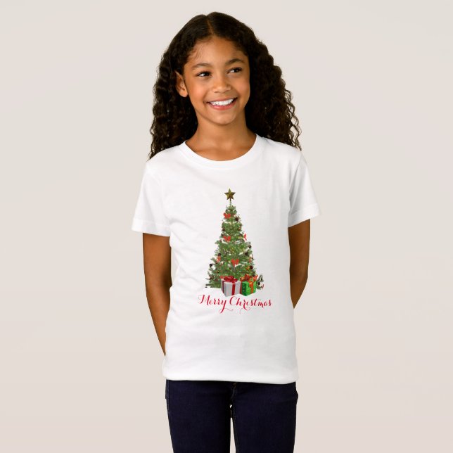 T-Shirt Joyeux sapin de Noël Filles Blanc de vacances (Devant entier)
