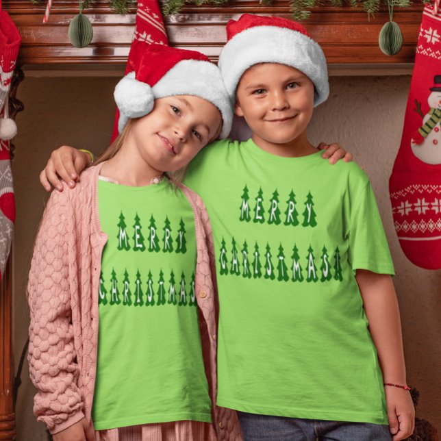 T-shirt Joyeux sapin de Noël Police Girls and Boys (Merry Christmas Tree Font Girls and Boys T-Shirt)