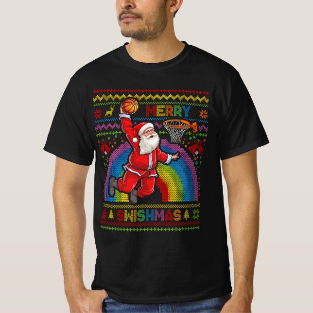 T-shirt Joyeux Swishmas Vilain Christmas Basket Père Noël  (Devant)