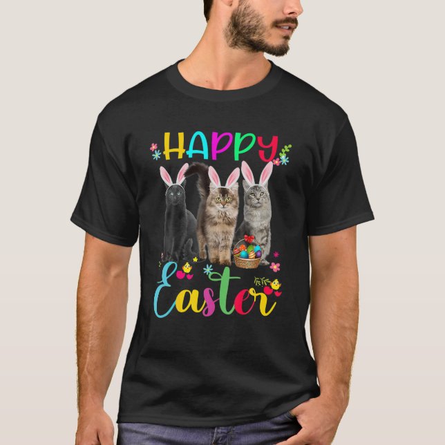 T-shirt Joyeux trois chats de Pâques portant le panier d'o (Devant)