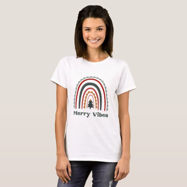 T-shirt Joyeux Vibes Boho Arc-en-ciel Noël Rétro (Devant entier)