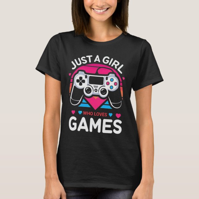 T-shirt Just A Girl Who Love Games Pink & Blue Retro Gamer (Devant)